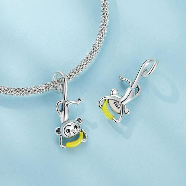 Monkey Banana Enamel Sterling Silver Bead Charm Bracelet Necklace Pendant