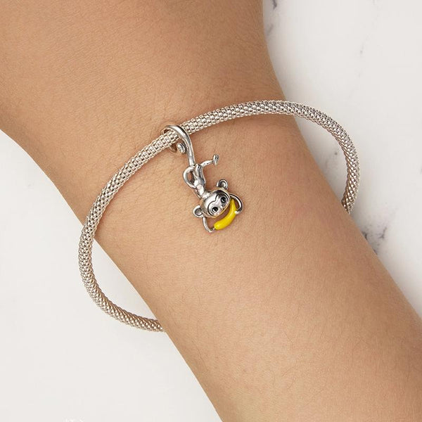 Monkey Banana Enamel Sterling Silver Bead Charm Bracelet Necklace Pendant