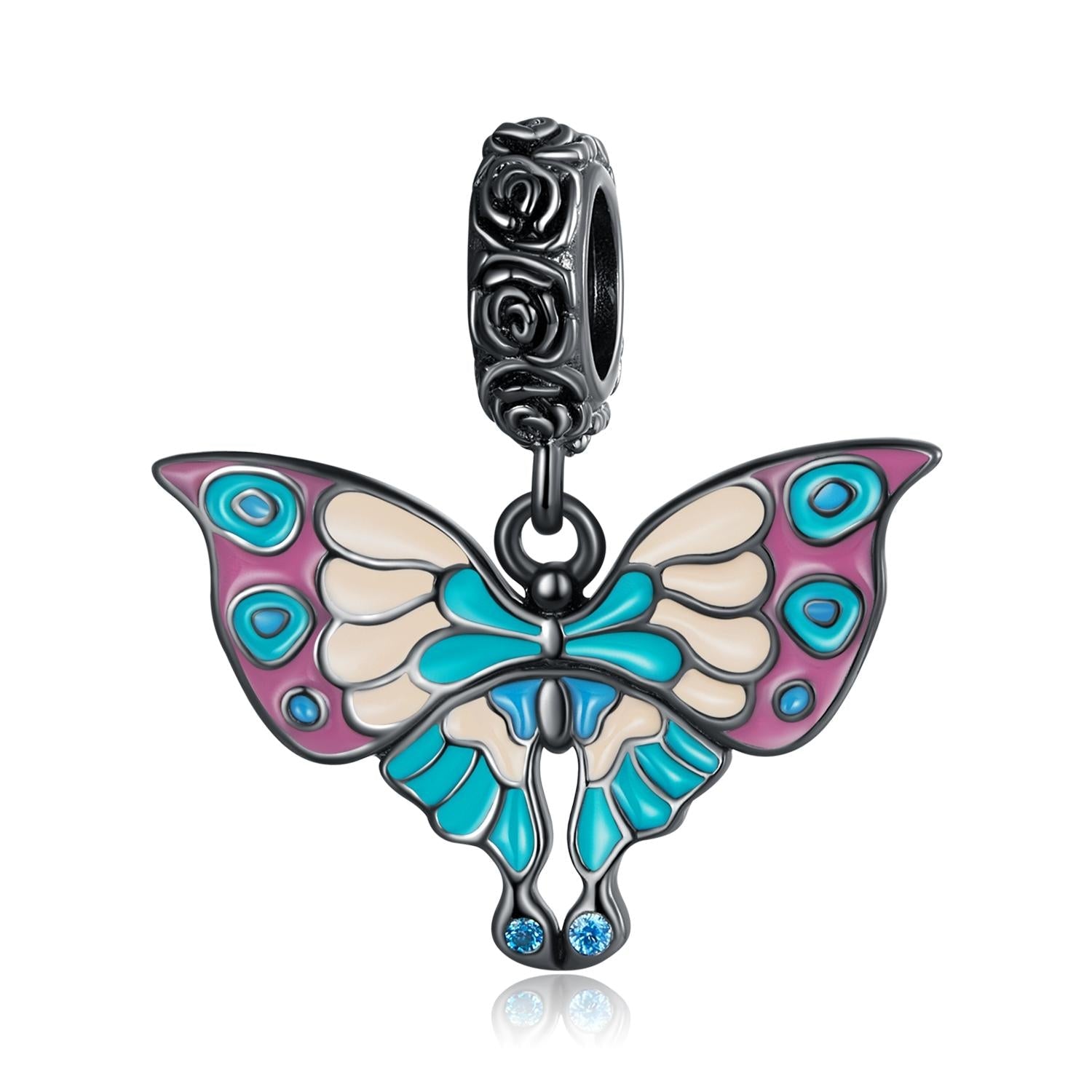 Retro Art Deco Style Enamel Butterfly Sterling Silver CZ Bead Charm Bracelet Necklace