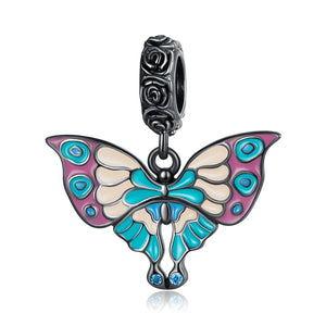 Retro Art Deco Style Enamel Butterfly Sterling Silver CZ Bead Charm Bracelet Necklace