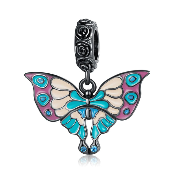 Retro Art Deco Style Enamel Butterfly Sterling Silver CZ Bead Charm Bracelet Necklace