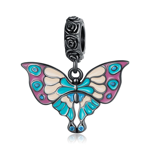 Retro Art Deco Style Enamel Butterfly Sterling Silver CZ Bead Charm Bracelet Necklace