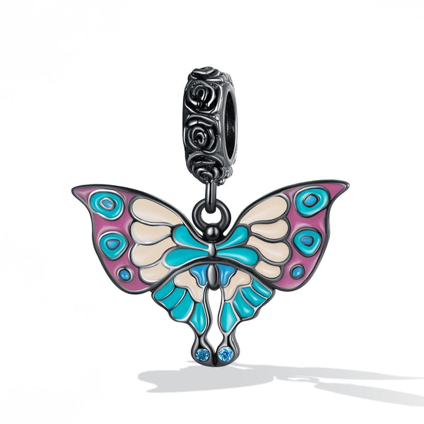 Retro Art Deco Style Enamel Butterfly Sterling Silver CZ Bead Charm Bracelet Necklace