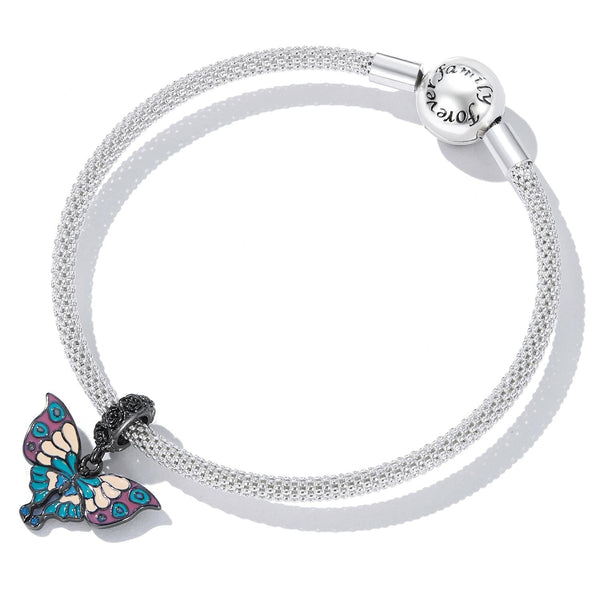 Retro Art Deco Style Enamel Butterfly Sterling Silver CZ Bead Charm Bracelet Necklace