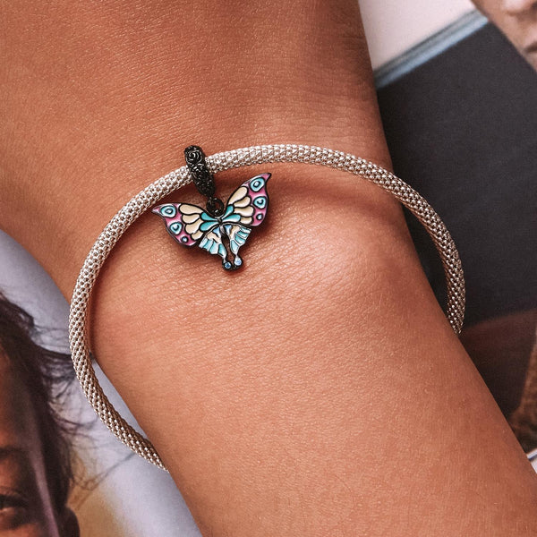 Retro Art Deco Style Enamel Butterfly Sterling Silver CZ Bead Charm Bracelet Necklace