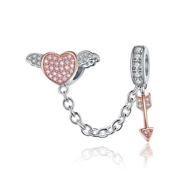 Cupids Arrow Heart Sterling Silver Zircon CZ Safety Chain For Bracelet