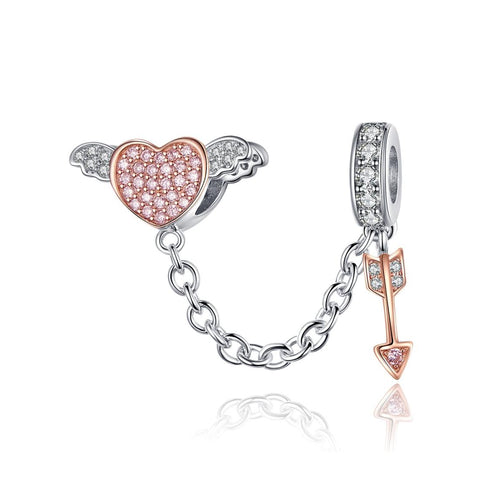 Cupids Arrow Heart Sterling Silver Zircon CZ Safety Chain For Bracelet