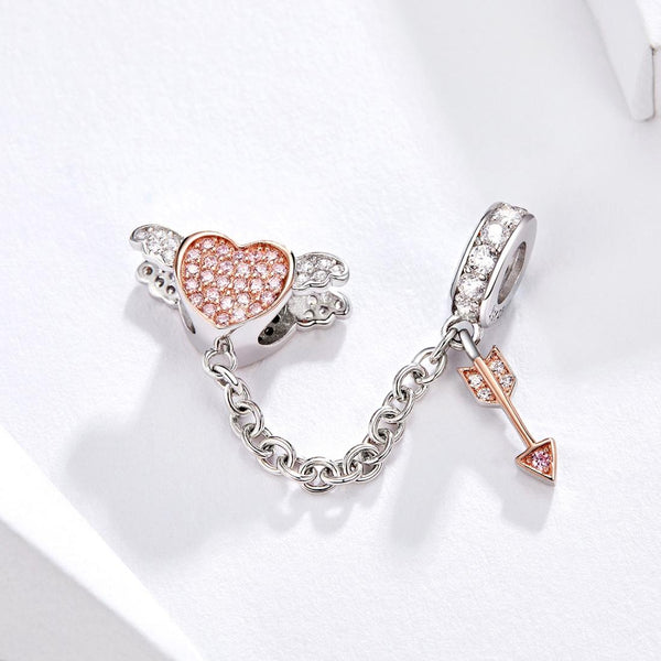 Cupids Arrow Heart Sterling Silver Zircon CZ Safety Chain For Bracelet