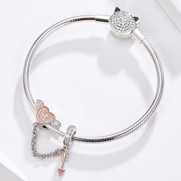 Cupids Arrow Heart Sterling Silver Zircon CZ Safety Chain For Bracelet