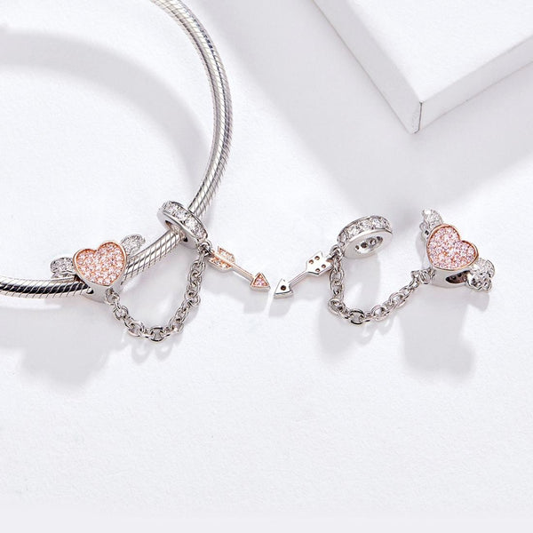Cupids Arrow Heart Sterling Silver Zircon CZ Safety Chain For Bracelet