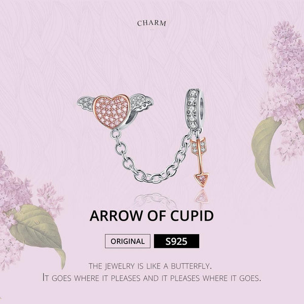 Cupids Arrow Heart Sterling Silver Zircon CZ Safety Chain For Bracelet