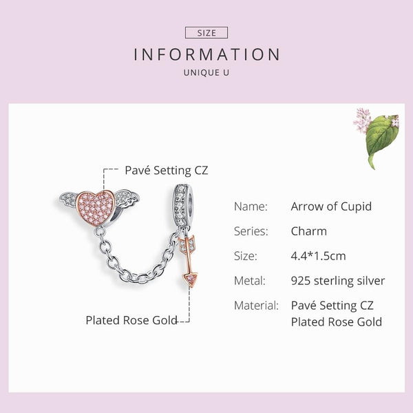 Cupids Arrow Heart Sterling Silver Zircon CZ Safety Chain For Bracelet