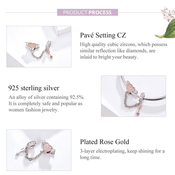 Cupids Arrow Heart Sterling Silver Zircon CZ Safety Chain For Bracelet