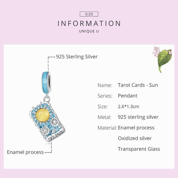 Sun Tarot Card Enamel Sterling Silver Bead Charm Bracelet Necklace