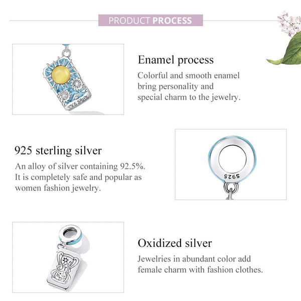 Sun Tarot Card Enamel Sterling Silver Bead Charm Bracelet Necklace