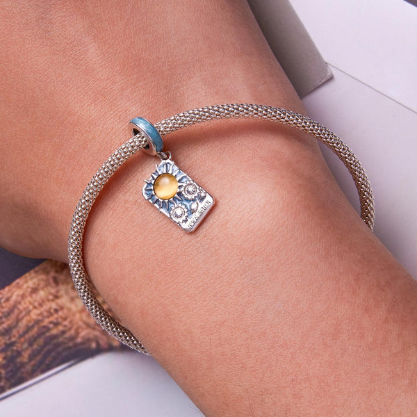 Sun Tarot Card Enamel Sterling Silver Bead Charm Bracelet Necklace