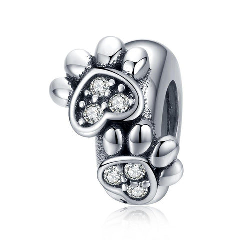 Pet Footprint Paw Print Heart Sterling Silver Bead Charm Pendant Bracelet