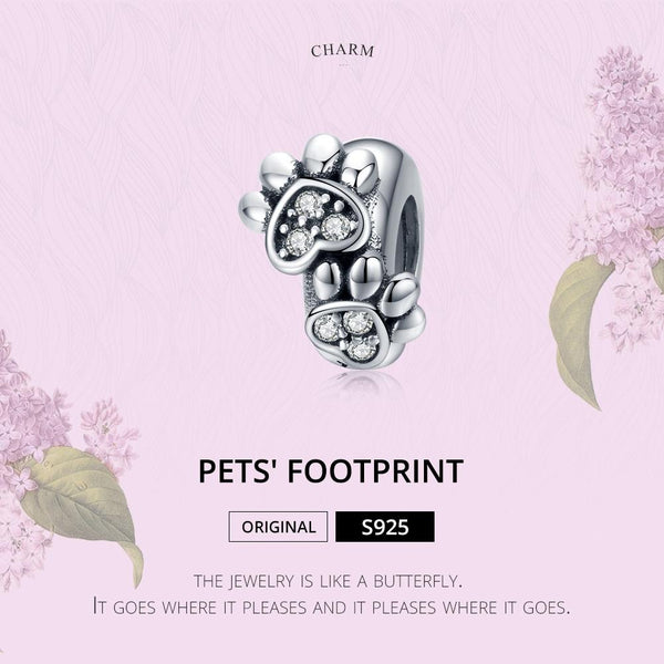 Pet Footprint Paw Print Heart Sterling Silver Bead Charm Pendant Bracelet
