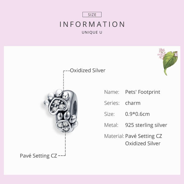 Pet Footprint Paw Print Heart Sterling Silver Bead Charm Pendant Bracelet