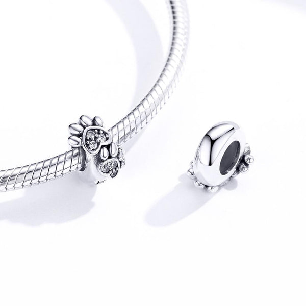 Pet Footprint Paw Print Heart Sterling Silver Bead Charm Pendant Bracelet
