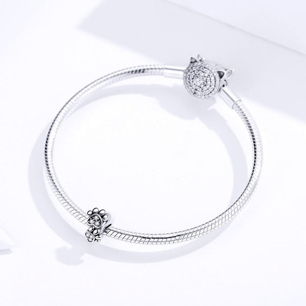 Pet Footprint Paw Print Heart Sterling Silver Bead Charm Pendant Bracelet