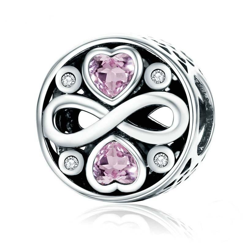 Pink Infonity Love Heart Sterling Silver Zircon CZ Bead Charm Bracelet Necklace