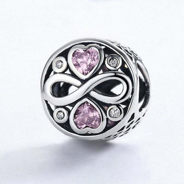 Pink Infonity Love Heart Sterling Silver Zircon CZ Bead Charm Bracelet Necklace