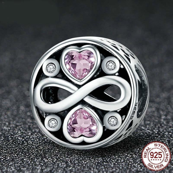 Pink Infonity Love Heart Sterling Silver Zircon CZ Bead Charm Bracelet Necklace