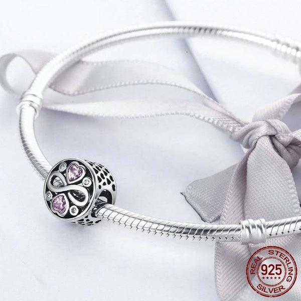 Pink Infonity Love Heart Sterling Silver Zircon CZ Bead Charm Bracelet Necklace