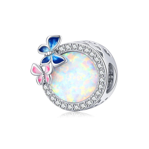 Round Opal Look Enamel Butterflies Sterling Silver CZ Bead Charm Bracelet Necklace