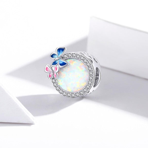 Round Opal Look Enamel Butterflies Sterling Silver CZ Bead Charm Bracelet Necklace