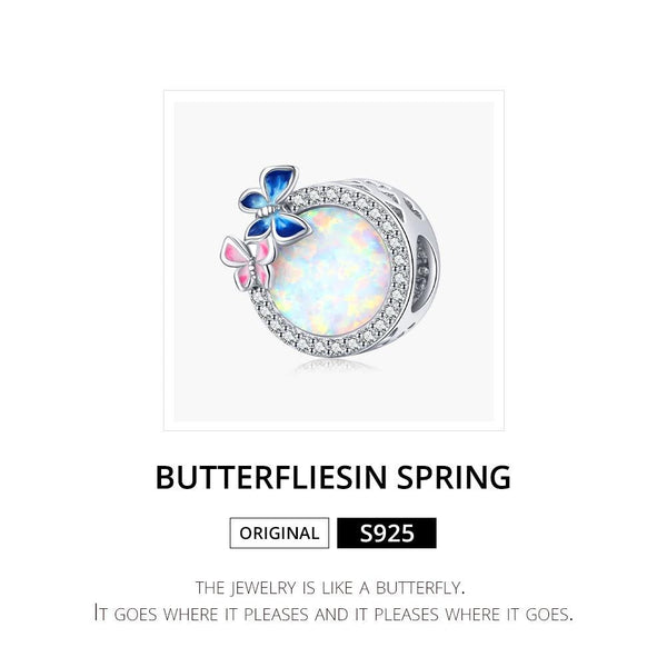 Round Opal Look Enamel Butterflies Sterling Silver CZ Bead Charm Bracelet Necklace