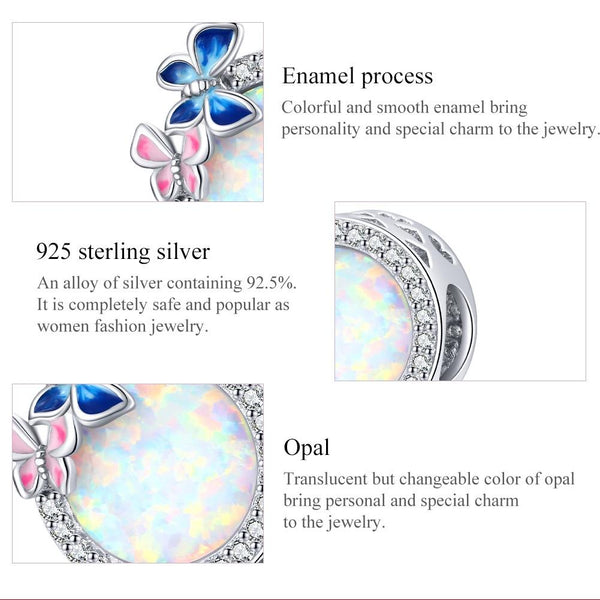 Round Opal Look Enamel Butterflies Sterling Silver CZ Bead Charm Bracelet Necklace