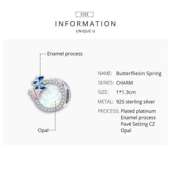 Round Opal Look Enamel Butterflies Sterling Silver CZ Bead Charm Bracelet Necklace