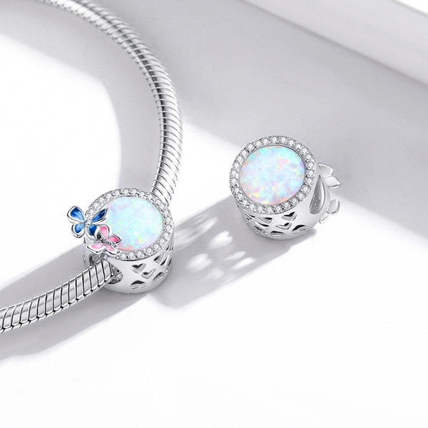 Round Opal Look Enamel Butterflies Sterling Silver CZ Bead Charm Bracelet Necklace