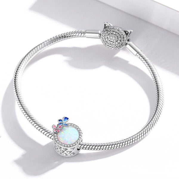 Round Opal Look Enamel Butterflies Sterling Silver CZ Bead Charm Bracelet Necklace