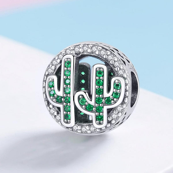 Cactus Sterling Silver Zircon CZ Bead Charm Bracelet Necklace Pendant