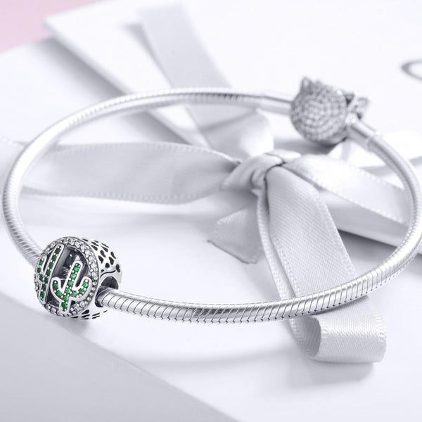 Cactus Sterling Silver Zircon CZ Bead Charm Bracelet Necklace Pendant