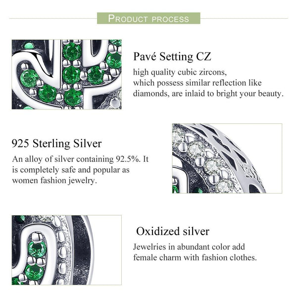 Cactus Sterling Silver Zircon CZ Bead Charm Bracelet Necklace Pendant