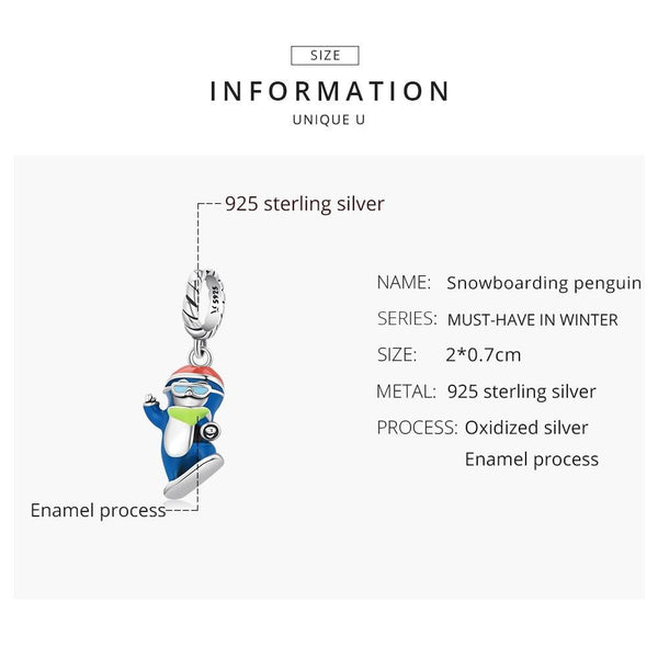 Ski Penguin Enamel Sterling Silver Bead Charm Bracelet Necklace