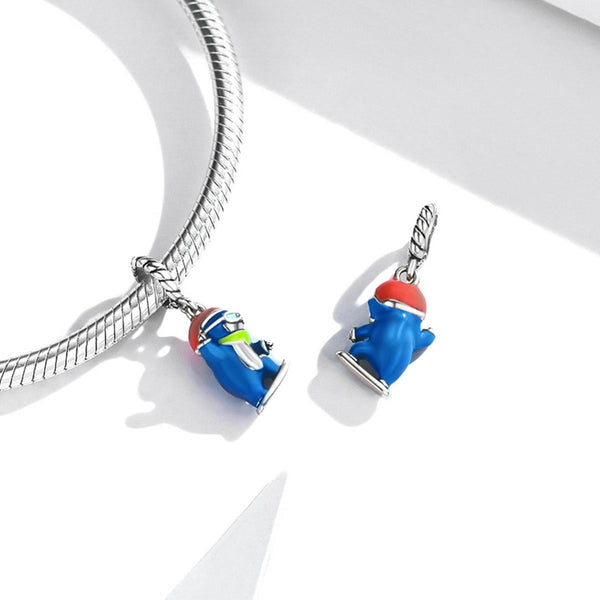 Ski Penguin Enamel Sterling Silver Bead Charm Bracelet Necklace