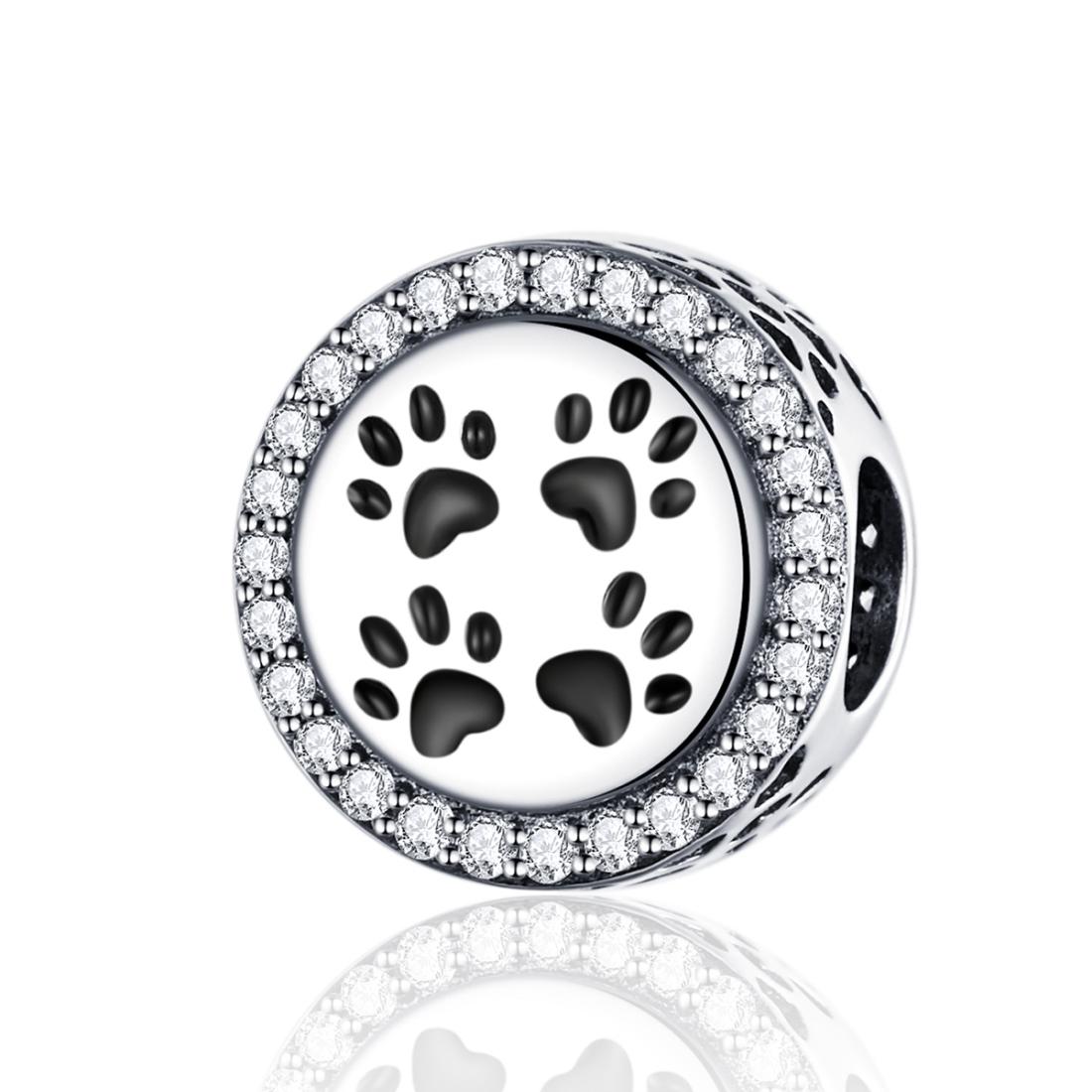 Paw Prints Cat Dog Enamel Sterling Silver Zircon CZ Bead Charm Bracelet Necklace