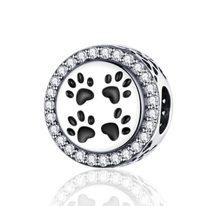 Paw Prints Cat Dog Enamel Sterling Silver Zircon CZ Bead Charm Bracelet Necklace