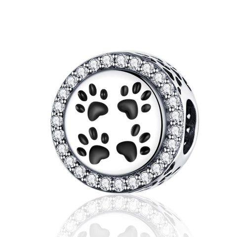 Paw Prints Cat Dog Enamel Sterling Silver Zircon CZ Bead Charm Bracelet Necklace