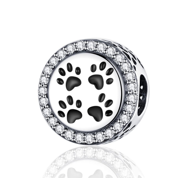 Paw Prints Cat Dog Enamel Sterling Silver Zircon CZ Bead Charm Bracelet Necklace