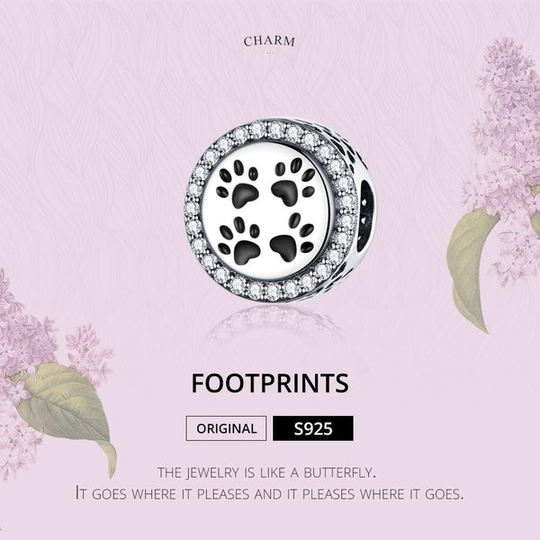 Paw Prints Cat Dog Enamel Sterling Silver Zircon CZ Bead Charm Bracelet Necklace