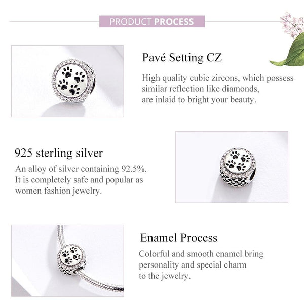 Paw Prints Cat Dog Enamel Sterling Silver Zircon CZ Bead Charm Bracelet Necklace