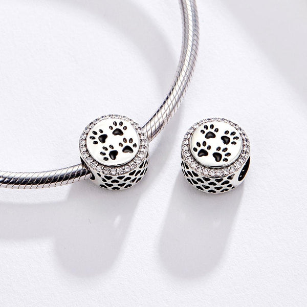 Paw Prints Cat Dog Enamel Sterling Silver Zircon CZ Bead Charm Bracelet Necklace