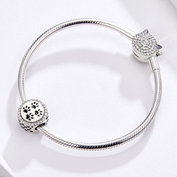 Paw Prints Cat Dog Enamel Sterling Silver Zircon CZ Bead Charm Bracelet Necklace