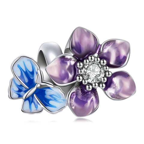 Blue Purple Butterly Flower Enamel Sterling Silver Zircon CZ Bead Charm Bracelet